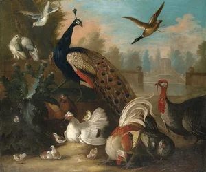 Un pavo real y otros pájaros en un paisaje ornamental