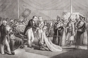 Gran Durbar en Cawnpore después de la Supresión de la Revuelta de los Cipayos, 1858, de `Ilustraciones de la Historia Inglesa y Escocesa