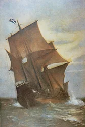 El Mayflower llevando a los Padres Peregrinos a través del Atlántico a América en 1620