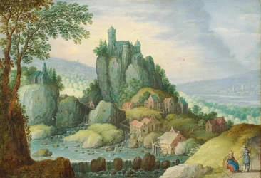 Paisaje panorámico con un río, un castillo sobre un saliente rocoso y un molino de agua abajo