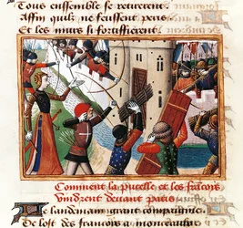 Juana de Arco en las puertas de St Honore, desde donde comienza el asalto a París, miniatura de Vigiles de Charles VII por Martial de Paris (conocido como Auvergne)