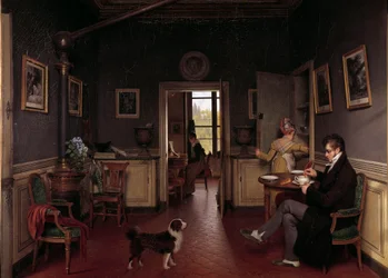 Vista interior de un comedor en 1815 Un hombre en zapatillas toma su desayuno ante la mirada del perro.