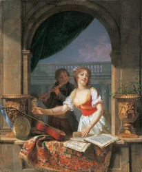 Una joven alcanzando una guitarra en una ventana de piedra y un niño tocando la flauta más allá, 1796-97