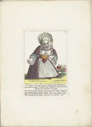 De dwerg Mademoiselle Poupon, como Parijse Schone, hacia 1710 Mademoiselle Poupone, la belleza parisina, hija del conocido Abogado del Parlamento Monsr. Chican (título sobre objeto) Il Callotto resurcitato o cabaña Zwerchen recién amueblada