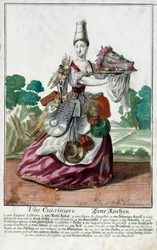 Un cocinero. Grabado por Martin Engelbrecht (1684-1756), en "Nueva asamblea de las manouvries habilles" siglo XVIII, Alemania. París, Artes Decorativas