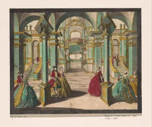 Vista del interior de un palacio, con varias damas y caballeros ricamente vestidos