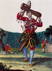 Fabricante de flautas, grabado de Assemblage des nouveau manouvries habilles por Martin Engelbrecht (1684-1756), Alemania