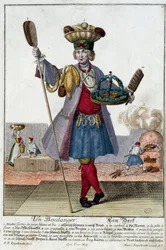 Oficio: Un panadero. Grabado por Martin Engelbrecht (1684-1756), en "Nueva asamblea de los manouvriers habillés" siglo XVIII, Alemania. París, Artes Decorativas