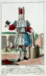 Oficio: Un encuadernador. Grabado por Martin Engelbrecht (1684-1756), en "Nueva asamblea de los manouvriers habillés" siglo XVIII, Alemania. París, Artes Decorativas