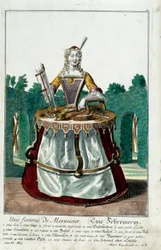 Oficio: La esposa de un carpintero. Grabado por Martin Engelbrecht (1684-1756), en “Nueva asamblea de los manouvriers habillés” siglo XVIII, Alemania. París, Artes Decorativas