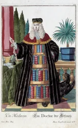 Oficio: Un doctor. Grabado de Martin Engelbrecht (1684-1756), en “Nueva asamblea de las manouvries habilles” siglo XVIII, Alemania. París, Artes Decorativas