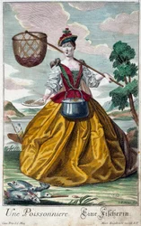 Oficio: Un pez. Grabado por Martin Engelbrecht (1684-1756), en "Nueva asamblea de los manouvriers habillés" siglo XVIII, Alemania. París, Artes Decorativas