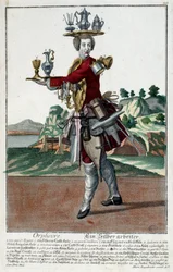 Oficio: Un pez dorado. Grabado de Martin Engelbrecht (1684-1756), en “Nueva asamblea de las manovrias vestidas” siglo XVIII, Alemania. París, Artes Decorativas