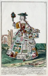 Oficio: Una vendedora de imágenes. Grabado de Martin Engelbrecht en “Nueva asamblea de las manouvries habilles” siglo XVIII, Alemania. París, Artes Decorativas