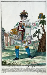 Oficio: Un vendedor de imágenes. Grabado por Martin Engelbrecht (1684-1756), en "Nueva asamblea de las manouvries habilles" siglo XVIII, Alemania. París, Artes Decorativas