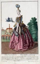 Oficio: Mujer de un pez dorado. Grabado por Martin Engelbrecht (1684-1756), en "Nueva asamblea de las manouvries habilles" siglo XVIII, Alemania. París, Artes Decorativas