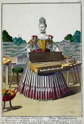 Esposa del fabricante de órganos, grabado de Assemblage des nouveau manouvries habilles por Martin Engelbrecht (1684-1756), Alemania