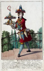 El confitero: un joven sosteniendo una bandeja de dulces y confitería. Grabado por Martin Engelbrecht (1684-1756) siglo XVIII. París, Artes Decorativas