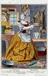 El cocinero. Grabado por Martin Engelbrecht (1684-1756), en "Nueva asamblea de los manouvriers habillés" siglo XVIII, Alemania. París, Artes Decorativas