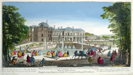 Vista del Château de Saint-Cloud cerca de Versalles, mediados del siglo XVIII (grabado en color)