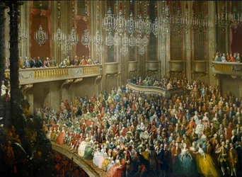 Fiesta en honor de María Teresa de Austria (1717-1780), José II (1741-1790) que se convirtió en emperador y esposa de Isabel de Parma (Borbón-Parma) el 10/10/1760 el joven Wolfgang Amadeus Mozart (1756-1791) está presente. Pintura de la Escuela de Viena