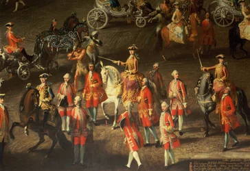 Cabalgata en la Escuela de Invierno de Viena para celebrar la derrota del ejército francés en Praga, 1743 (detalle)