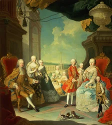 María Teresa y su esposo en la escalera que conduce desde el Gran Salón de Schloss Schonbrunn al gran patio, con sus hijos José II, Karl, Leopoldo II, Fernando, Mariana, Isabel