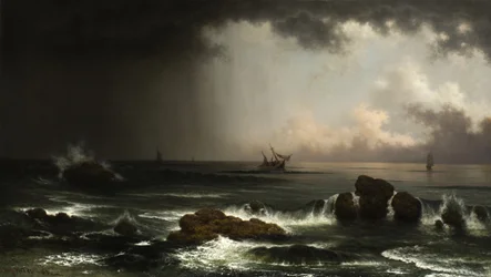 Escena costera con barco que se hunde, 1863