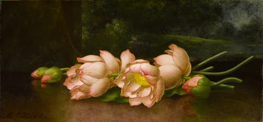Flores de loto: una pintura de paisaje en el fondo, c.1885-1900
