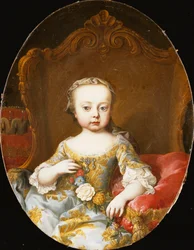 Retrato de su hermana, la archiduquesa María Cristina, sentada, tres cuartos de longitud, con un vestido azul bordado en oro, sosteniendo una guirnalda de flores