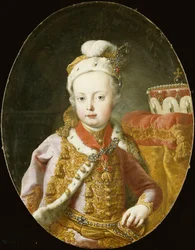 Retrato del Archiduque José, luego Emperador José II de Austria, medio cuerpo, con una chaqueta de terciopelo rosa bordada en oro con ribete de armiño, un gorro con plumas adornado con un broche y llevando la Orden del Toisón de Oro