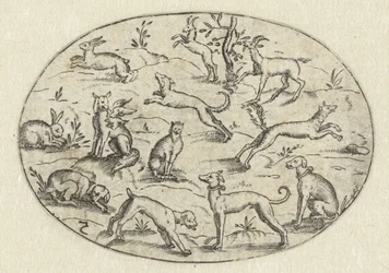 Óvalo con perros, cabras y conejos Nev Thier Bvechlein (título de la serie)