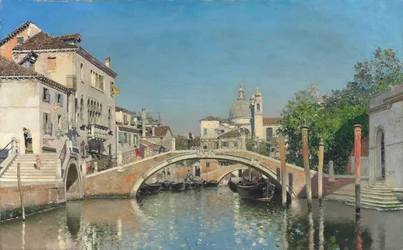 Un canal veneciano con góndolas, Santa Maria Della Salute al fondo