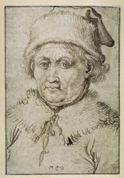 Retrato de busto de un anciano con cuello de piel y gorro de piel