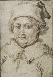 Imagen de busto de un anciano con cuello de piel y sombrero
