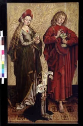 Juan el apóstol, María Magdalena y donante. Pintura de Martin Schongauer (circa 1445 o 1450-1491). Óleo sobre madera