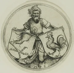 Escudo con pata de grifo y escudo con un gallo sostenido por un moro