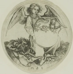 Escudo con un león, sostenido por un ángel