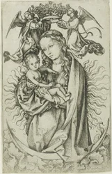 La Madonna en la luna creciente coronada por dos ángeles