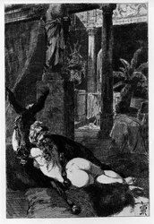 Lucio se transforma accidentalmente en un asno. Metamorfosis (El asno de oro o Asinus aureus), novela escrita por Apuleyo (Lucio Apuleyo) (hacia 125-hacia 180) en el siglo II. Aguafuerte de Martin Van Maele