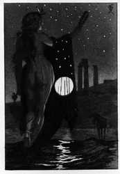 Fotis transforma accidentalmente a Lucio en un burro. Las Metamorfosis (El asno de oro o Asinus aureus), novela escrita por Apuleyo (Lucio Apuleyo) (alrededor de 125-alrededor de 180) en el siglo II. Aguafuerte de Martin Van Maele