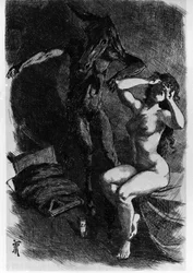 Fotis transformó accidentalmente a Lucio en asno. Las metamorfosis (El asno de oro o Asinus aureus), novela escrita por Apuleyo (Lucius Apuleius) (hacia 125 - hacia 180) en el siglo II. Aguafuerte de Martin Van Maele