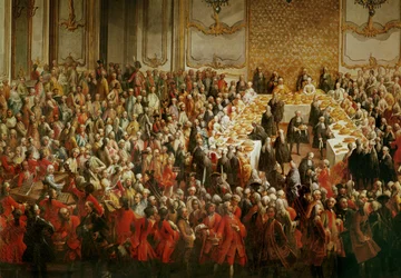 Cena de gala en honor de la boda del Príncipe Heredero José y la Princesa Isabel de Parma, en el Palacio de Schönbrunn, Viena, en ...
