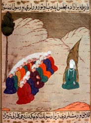 Representación del Profeta Muhammad (Mahoma o Muhammad) (570-632) (con el rostro cubierto) predicando a los miembros de la tribu de Abd al-Muttalib (Abd al-Muttalib) Miniatura de "Siyer-i Nebi" (Siyer i Nebi) poema épico sobre la vida del Profeta Muhammad 