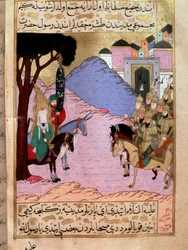 El profeta Mahoma, con el rostro oculto, intenta convencer a los mequíes de esperar en Medina la llegada de los ejércitos enemigos de los qurayshíes (o coraichitas). Combatirán en la batalla de Uhud. Miniatura tomada de «Siyer-i Nebi»