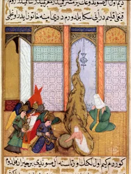 El nacimiento del profeta Mahoma Miniatura extraída de "Siyer-i Nebi" (Siyer i Nebi) poema épico que relata la vida del profeta Mahoma escrito por Mustafá, hijo de Yusuf de Erzurum bajo el gobierno de Murad III (1574-1595). Miniatura de Lutfi Abdullah (d