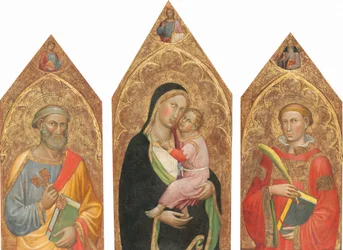 Madonna y el Niño con el Cristo bendiciendo, y los santos Pedro, Santiago el Mayor, Antonio Abad y un santo diácono (tríptico completo)