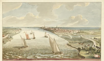 Vista de las fortificaciones de Nimega en el río Waal
Nymegen fortificada por el Señor Generael Coehoorn (título en el objeto)