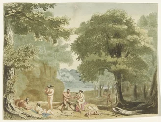 Ninfas y sátiros en un paisaje.