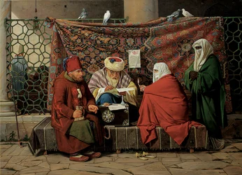 Un notario turco redactando un contrato de matrimonio frente a la Mezquita Kilic Ali Pasha, Tophane, Constantinopla, 1837